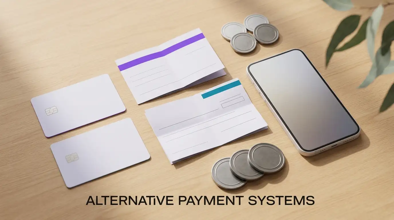 Unbranded payment cards, a bank-transfer slip and plain digital tokens on a neatly arranged desk