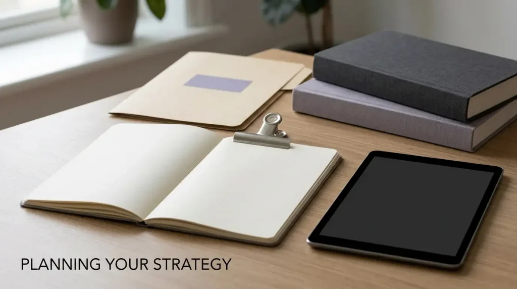 Open notebook, reference books and an unbranded tablet arranged on a quiet desk