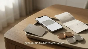 Unbranded bank card, blank mobile wallet screen and generic digital-coin shapes arranged on a desk