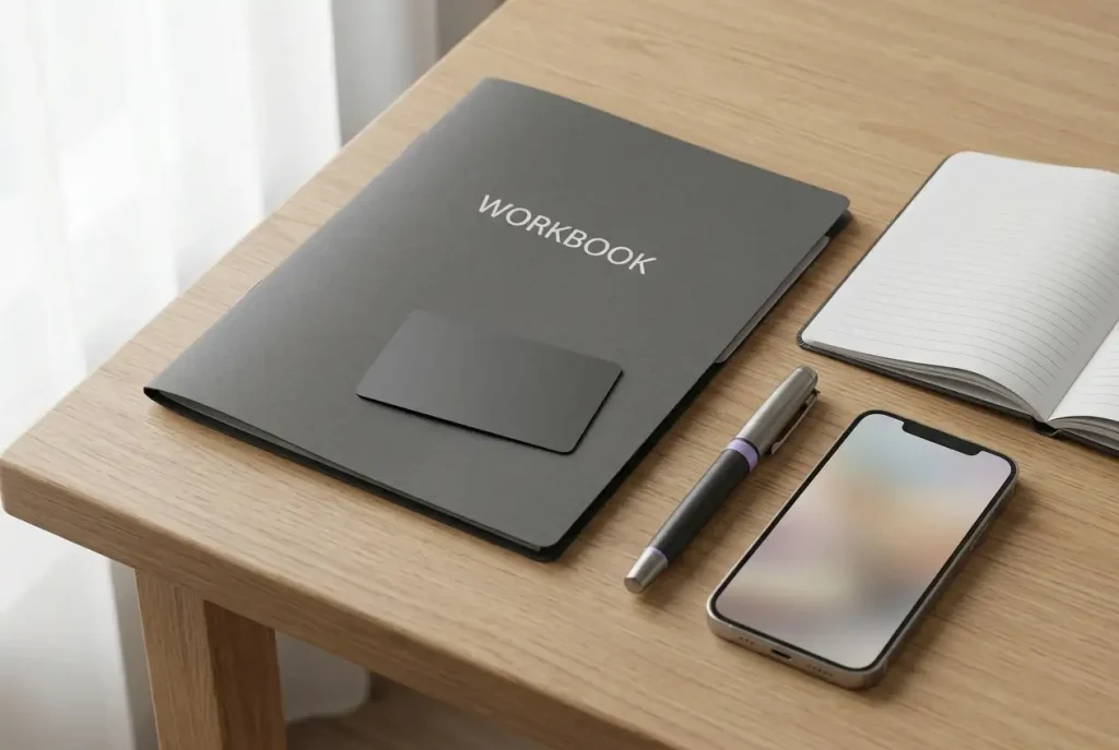 Closed unmarked identification folder beside a blank notebook and an unbranded phone on a desk