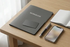 Closed unmarked identification folder beside a blank notebook and an unbranded phone on a desk