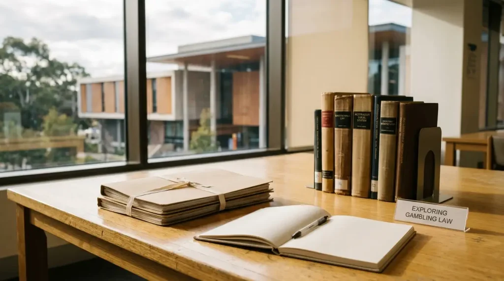 Unbranded folders and reading materials on a sunlit Australian public-law library desk