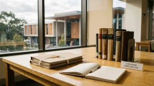 Unbranded folders and reading materials on a sunlit Australian public-law library desk