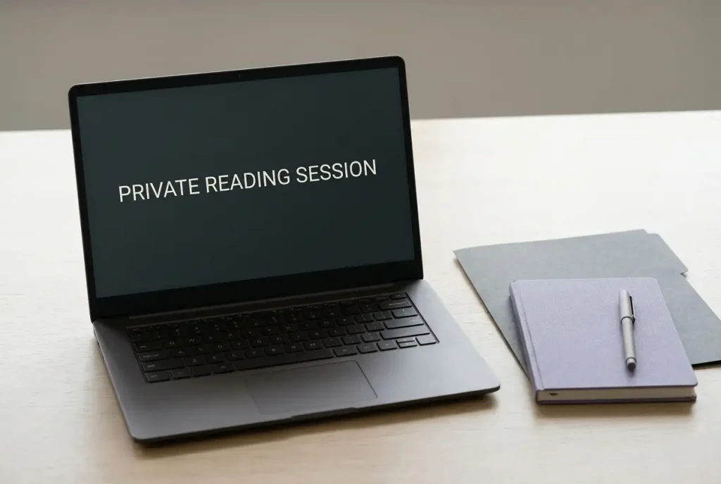 Unbranded laptop with a blank screen beside a closed notebook and privacy folder on a desk