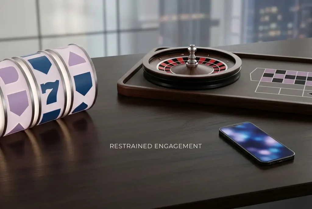 Generic slot reels beside a roulette table and an unbranded smartphone on a desk