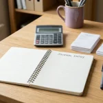 Blank withdrawal ledger beside an unbranded calculator and neatly stacked paper records on a desk