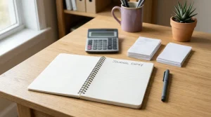 Blank withdrawal ledger beside an unbranded calculator and neatly stacked paper records on a desk